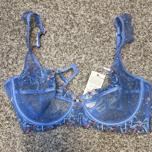 For Love And Lemons Blue Embroidered Lace Bra - Picture 1 of 6